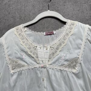 VTG Vanity Fair Nightgown M White Blue Embroidered Lace Front Button Patio Dress